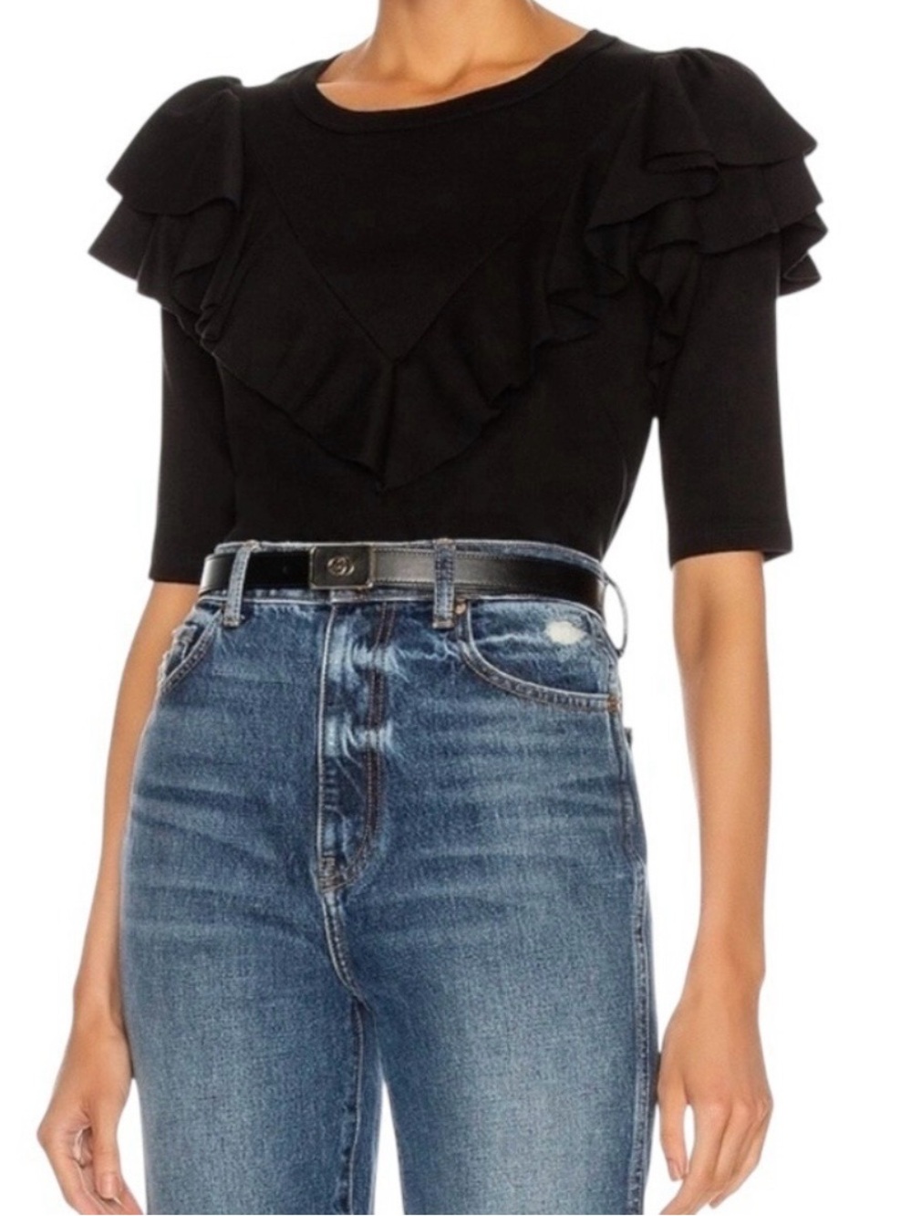 VERONICA BEARD Pazia Elbow-Sleeve Layered Ruffle Black Top Size XS